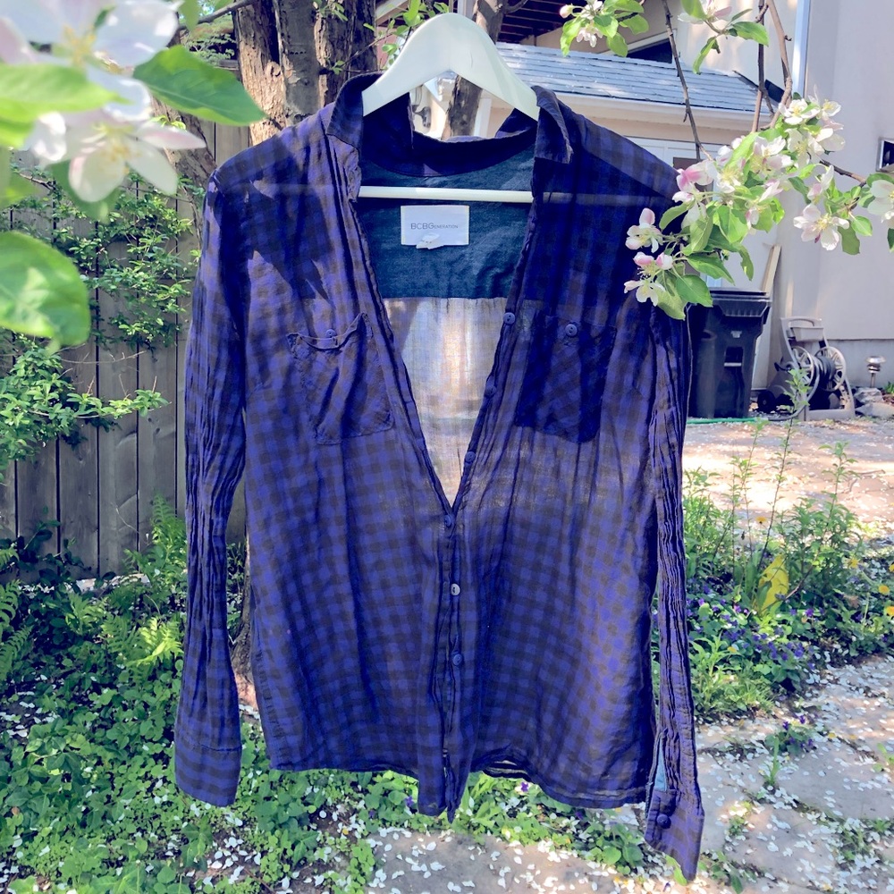 BCBGeneration semi-sheer plaid button-up blouse